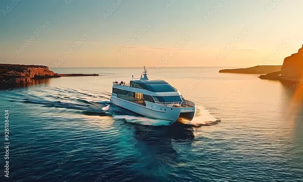 Luxury yacht sailing on blue water with a golden sunset and cliff in the background. Luxury yacht sailing on blue water with a golden sunset and cliff in the background.
