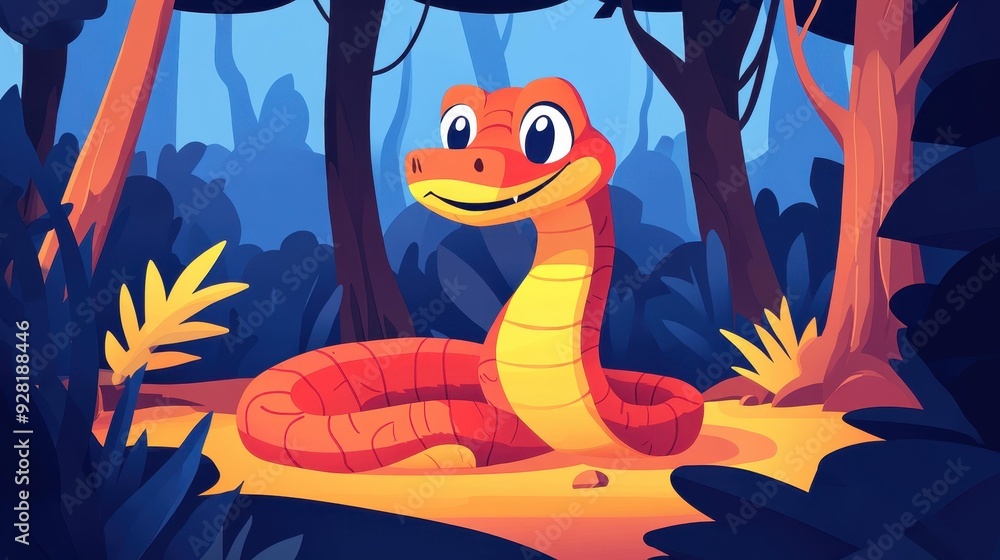 A charming, friendly snake grins amid lush greenery in this vibrant, modern flat illustration. A charming, friendly snake grins amid lush greenery in this vibrant, modern flat illustration.