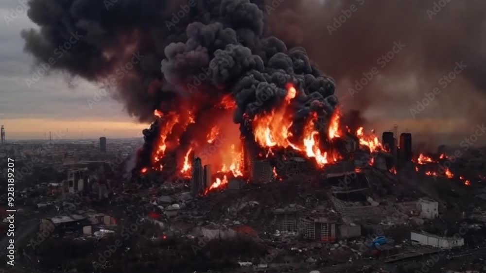 Cities destroyed and burning from war. Animated illustration of world destruction from war Cities destroyed and burning from war. Animated illustration of world destruction from war