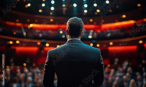 Back view of Man in business suit giving a speech on the stage in front of the audience, Generative AI