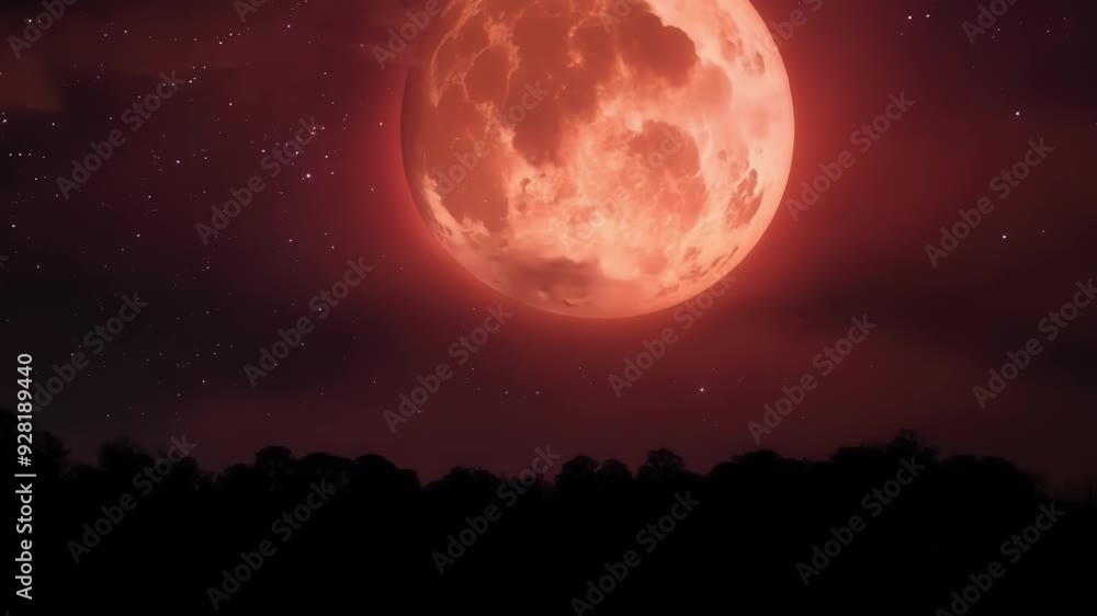 Eerie red moon rises over a dark forest, casting a spooky glow on the trees below, creating a creepy halloween atmosphere with stars in the night sky Eerie red moon rises over a dark forest, casting a spooky glow on the trees below, creating a creepy halloween atmosphere with stars in the night sky