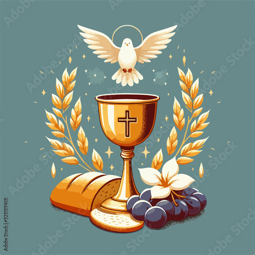A gold cup with a cross and a white dove is surrounded by wheat and grapes