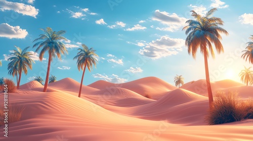 Palm trees stand tall against a backdrop of golden sand dunes and a vibrant blue sky.