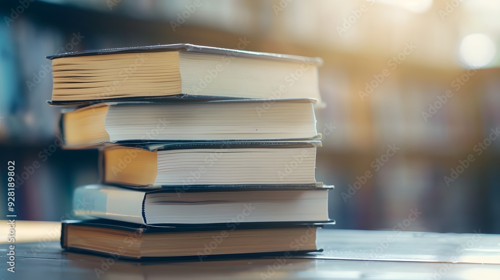 Pristine Textbook Stack on Library Table, Embodiment of Untapped Knowledge Awaiting Exploration Pristine Textbook Stack on Library Table, Embodiment of Untapped Knowledge Awaiting Exploration