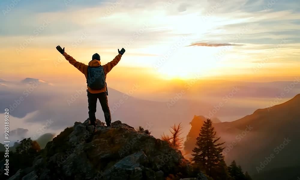 Man with backpack standing on mountain peak with arms raised. Man with backpack standing on mountain peak with arms raised.