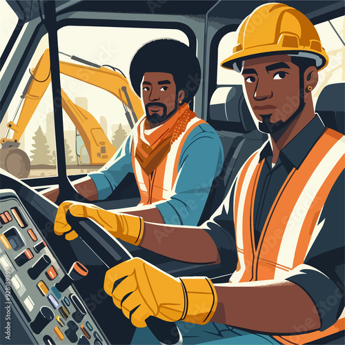 Two men in construction gear are driving a truck