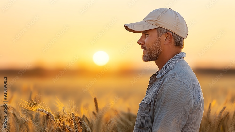 Farmer looking at sunset over wheat field. Farmer looking at sunset over wheat field.
