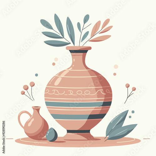 A vase with a green leaf on top of it