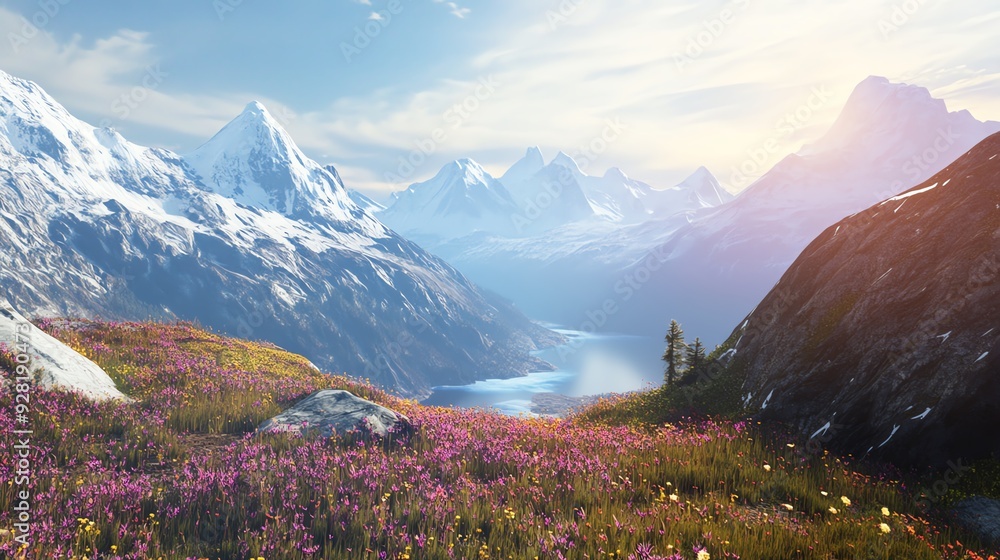 Fototapeta premium Lone hiker admires stunning mountain scenery at sunrise.