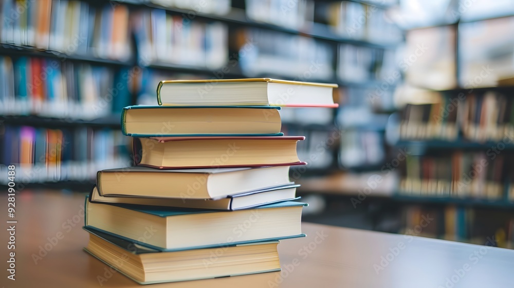Pristine Textbook Stack on Library Table, Embodiment of Untapped Knowledge Awaiting Exploration Pristine Textbook Stack on Library Table, Embodiment of Untapped Knowledge Awaiting Exploration