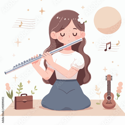 A girl is playing a flute in a garden