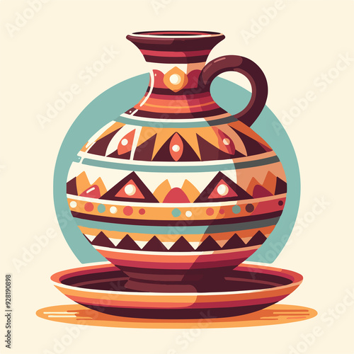 A colorful vase with a blue background sits on a plate