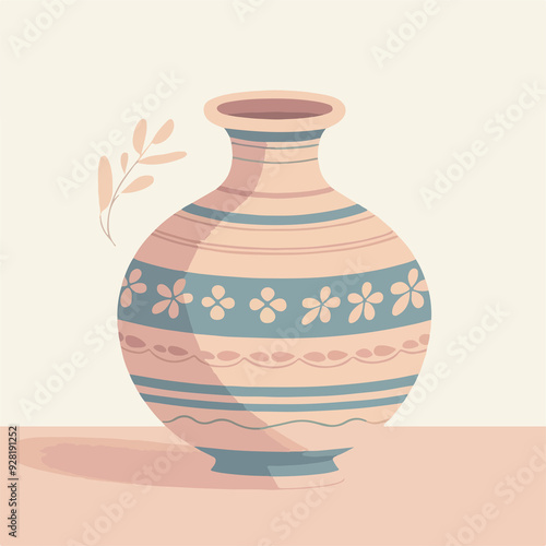 A vase with blue and white stripes and a flower design sits on a table