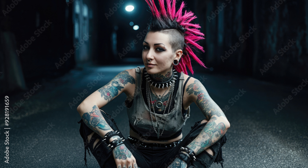 Naklejka premium Portrait of punk woman with spiky hair sitting on ground.