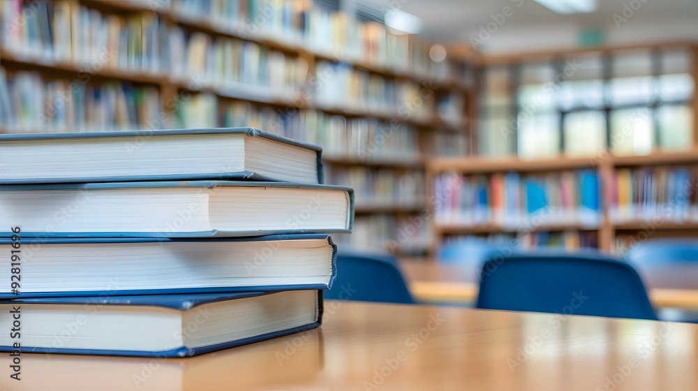 Pristine Textbook Stack on Library Table, Embodiment of Untapped Knowledge Awaiting Exploration Pristine Textbook Stack on Library Table, Embodiment of Untapped Knowledge Awaiting Exploration