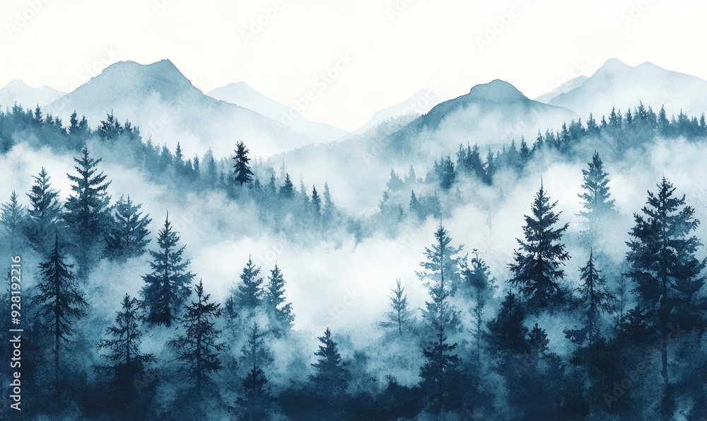 Obraz premium Hand painted watercolor illustration, seamless pattern of misty forest, Generative AI