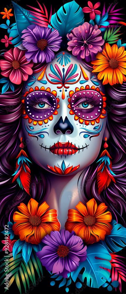 Naklejka premium A woman's face is painted with flowers and skulls. The flowers are in various colors and sizes, and the skulls are in different shapes and sizes as well. Scene is colorful and vibrant
