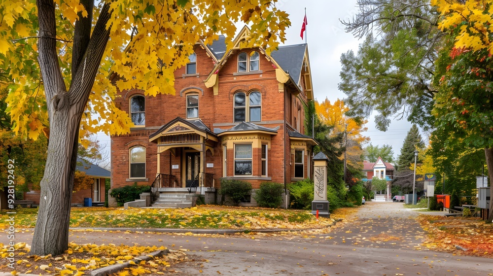 Naklejka premium Autumnal School Exterior with Changing Leaves, Framing a Classic Academic Building in a Scenic Vista