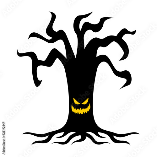 Spooky Halloween Tree Cartoon, Digital Art Illustration.