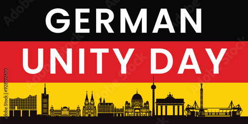 Art & Illustration German Unity Day Celebration Banner with National Flag and City Skyline Silhouette