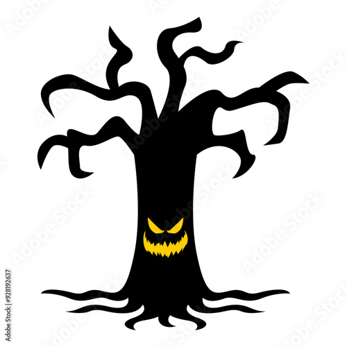 Spooky Halloween Tree Cartoon, Digital Art Illustration.