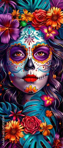 A woman's face is painted with flowers and skulls. The woman's face is surrounded by a blue background