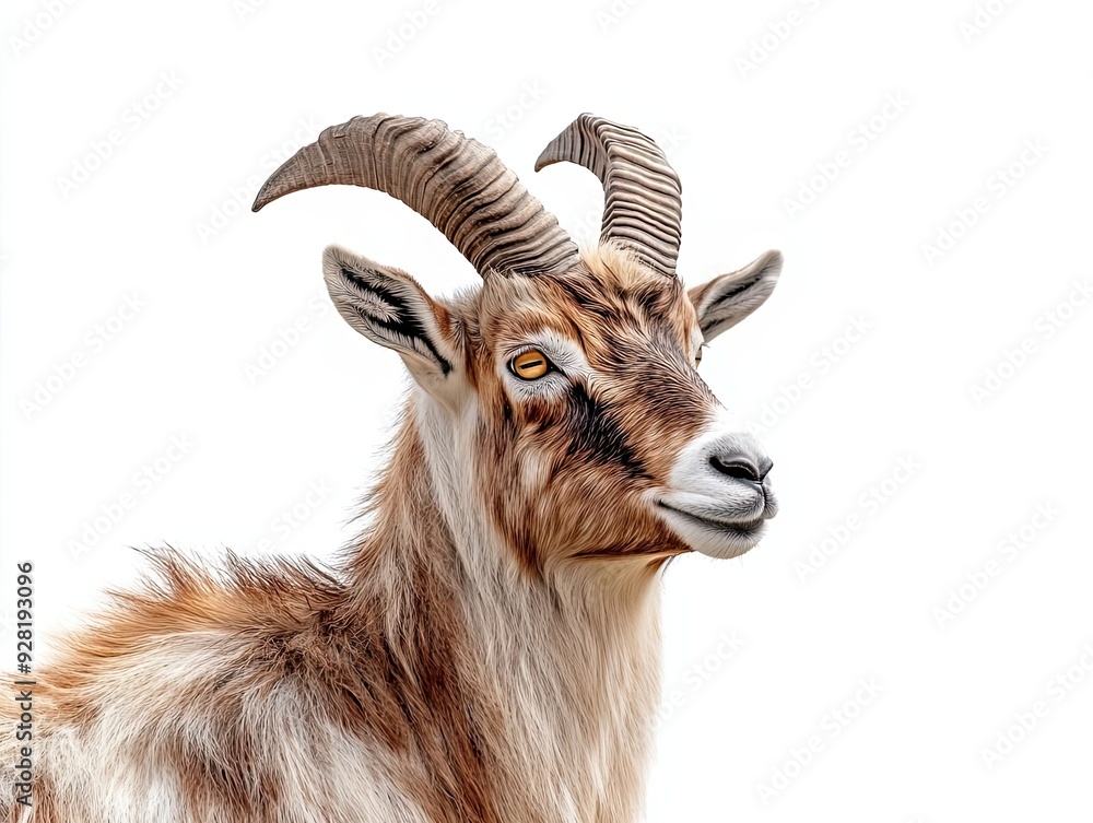 Close-up portrait of a brown and white goat with large horns