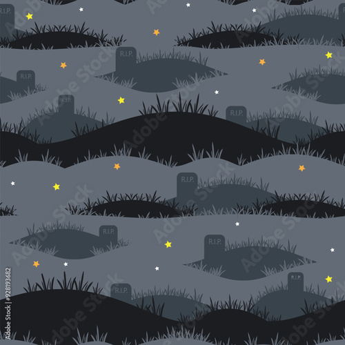 Cartoon cemetery night with stars . Halloween seamless pattern. Vector illustration.