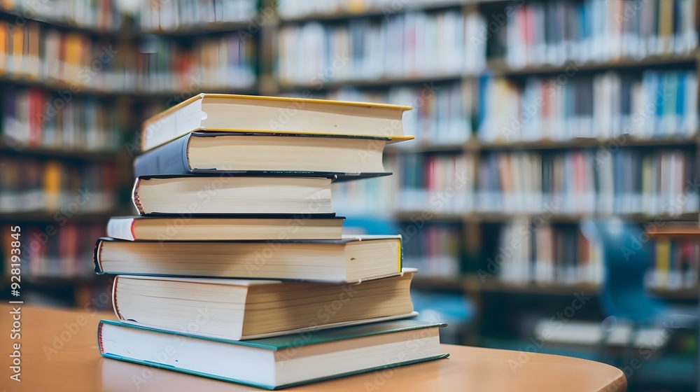 Pristine Textbook Stack on Library Table, Embodiment of Untapped Knowledge Awaiting Exploration Pristine Textbook Stack on Library Table, Embodiment of Untapped Knowledge Awaiting Exploration