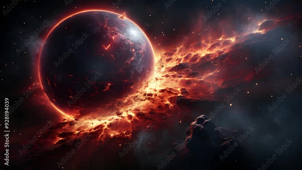 A fiery explosion erupts on a planet in space. The planet is consumed by flames and debris. A fiery explosion erupts on a planet in space. The planet is consumed by flames and debris.