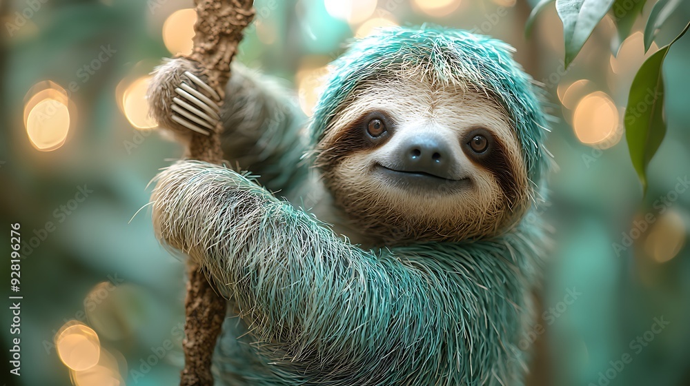 Fototapeta premium A 3D sloth hanging from a branch with a soft pastel background on the right, symbolizing the slow and steady life of zoo animals, 
