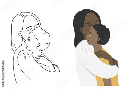 Mother hugs crying son in flat and outline hand draw vector.
