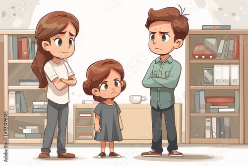 Angry and upset parents and their kid, cartoon style
