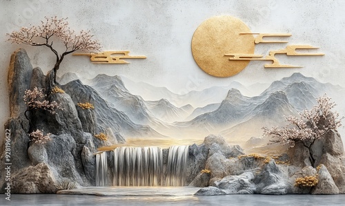 Wallpaper Mural Volumetric stucco molding on a concrete wall with golden elements, Japanese landscape, waterfall, mountains, sakura, Generative AI Torontodigital.ca
