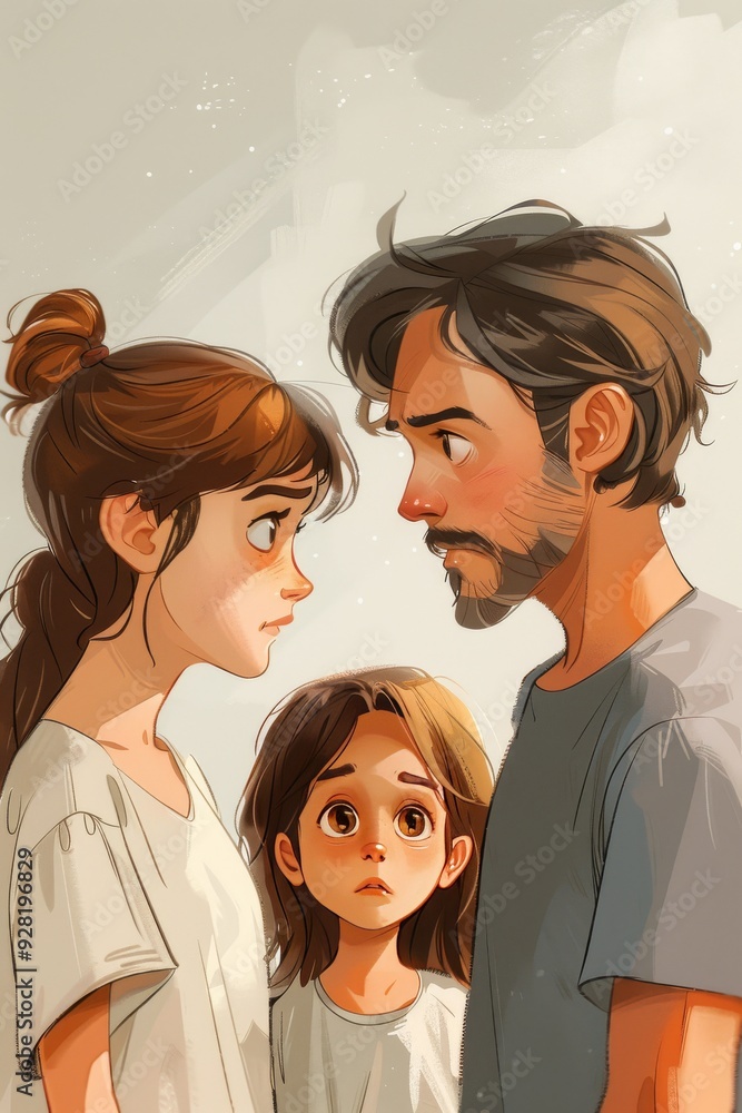 Surprised and upset parents and their daughter. Vector style Surprised and upset parents and their daughter. Vector style