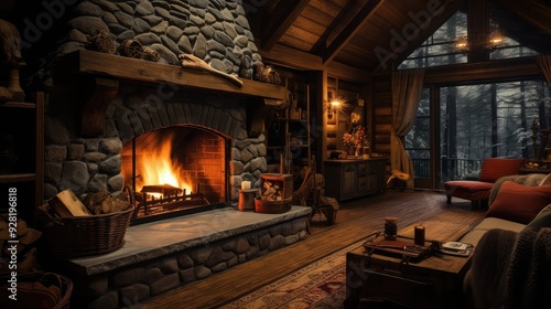 rustic fire in fireplace photo