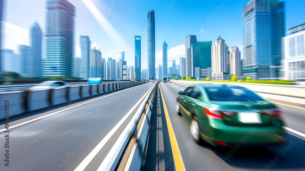 Naklejka premium A car is driving down a highway in a city. The car is green and is moving quickly. The city is bustling with activity and the sky is clear