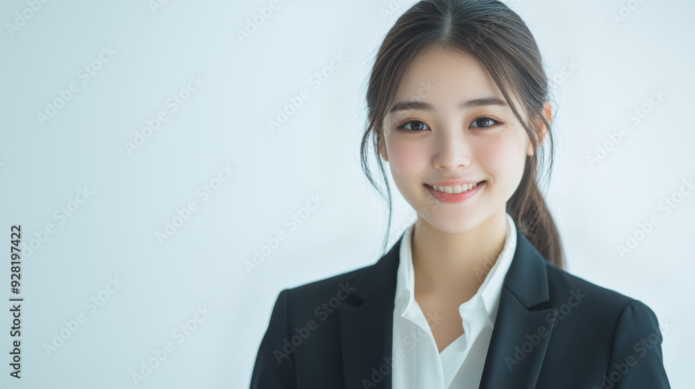 A Smiling Asian woman in black business attire radiates professionalism and approachability, with her well lit face showcasing expressions of confidence and poise on white background. A Smiling Asian woman in black business attire radiates professionalism and approachability, with her well lit face showcasing expressions of confidence and poise on white background.