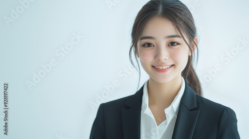 A Smiling Asian woman in black business attire radiates professionalism and approachability, with her well lit face showcasing expressions of confidence and poise on white background.