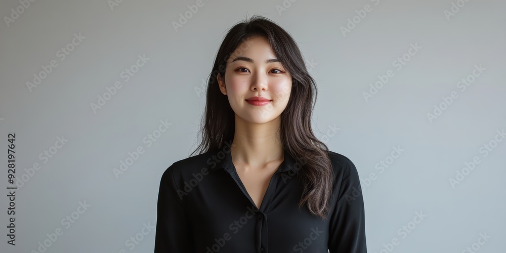A Smiling Asian woman in black business attire radiates professionalism and approachability, with her well lit face showcasing expressions of confidence and poise on white background. A Smiling Asian woman in black business attire radiates professionalism and approachability, with her well lit face showcasing expressions of confidence and poise on white background.