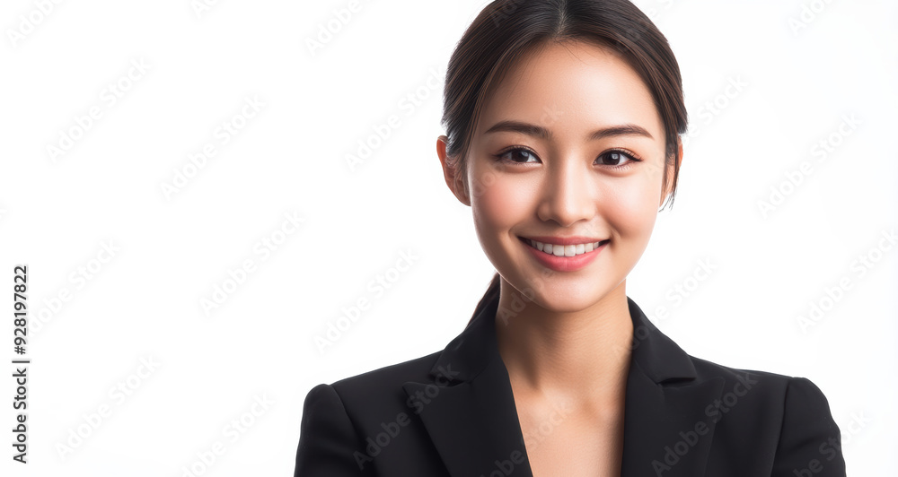 A Smiling Asian woman in black business attire radiates professionalism and approachability, with her well lit face showcasing expressions of confidence and poise on white background. A Smiling Asian woman in black business attire radiates professionalism and approachability, with her well lit face showcasing expressions of confidence and poise on white background.