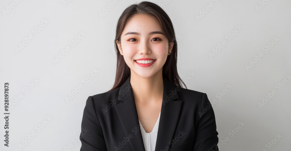 A Smiling Asian woman in black business attire radiates professionalism and approachability, with her well lit face showcasing expressions of confidence and poise on white background. A Smiling Asian woman in black business attire radiates professionalism and approachability, with her well lit face showcasing expressions of confidence and poise on white background.