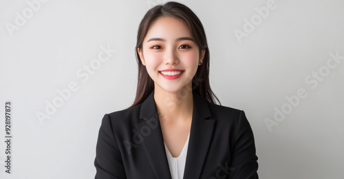 A Smiling Asian woman in black business attire radiates professionalism and approachability, with her well lit face showcasing expressions of confidence and poise on white background.