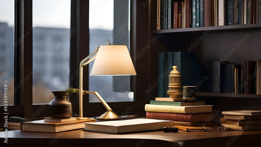 Contemporary desk arrangement featuring a lamp and books against a hazy library backdrop. Contemporary desk arrangement featuring a lamp and books against a hazy library backdrop.