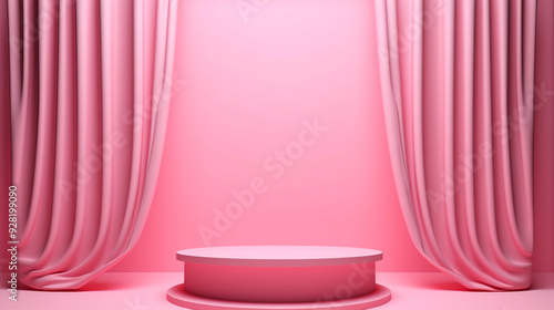 3D podium with pink curtains in the background, a minimalistic and simple design with a pink color theme.