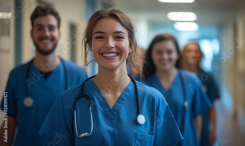 Happy medical team, a group of student nurses and doctors, walk together with smiles on their faces in a teaching hospital. Diverse healthcare students starting their clinical training, Generative AI