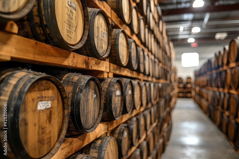 Whiskey, bourbon, scotch, wine barrels in an aging facility, Generative AI Whiskey, bourbon, scotch, wine barrels in an aging facility, Generative AI