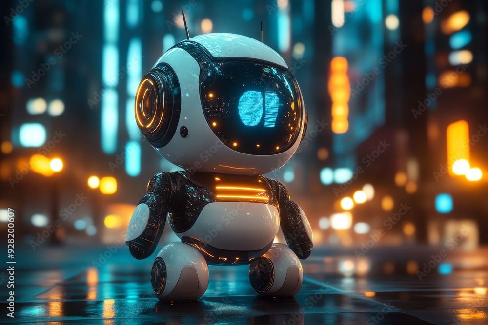Futuristic Robot in Neon City. Futuristic Robot in Neon City.