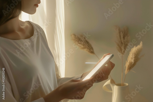 Woman using a tablet with a stylus in front of a window. photo