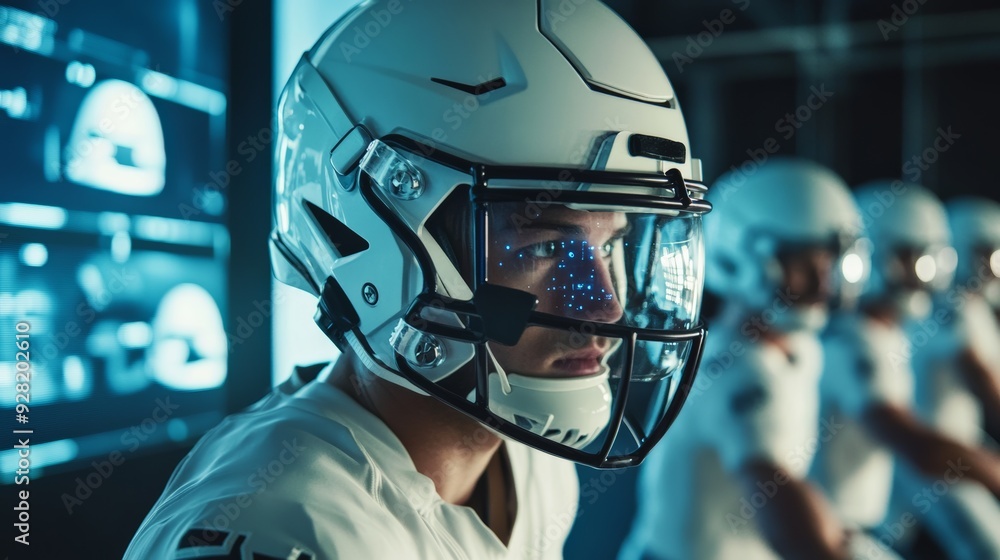American football team practicing with smart helmets that monitor impact and head movement, with data analyzed on a digital interface by coaches. American football team practicing with smart helmets that monitor impact and head movement, with data analyzed on a digital interface by coaches.